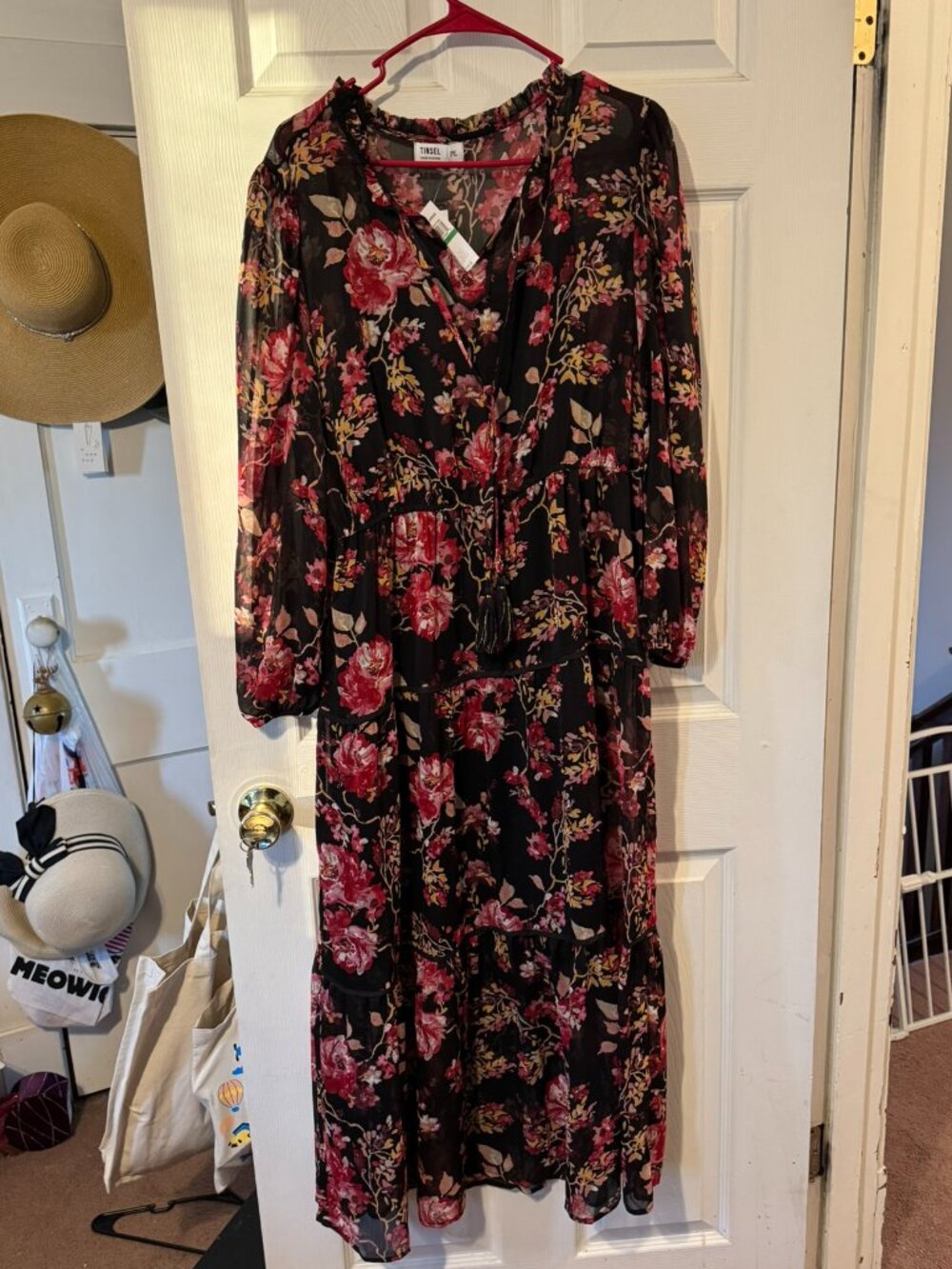 Tinsel Black and Pink flowered lined Maxi dress.  Petite Large.  New with tags.